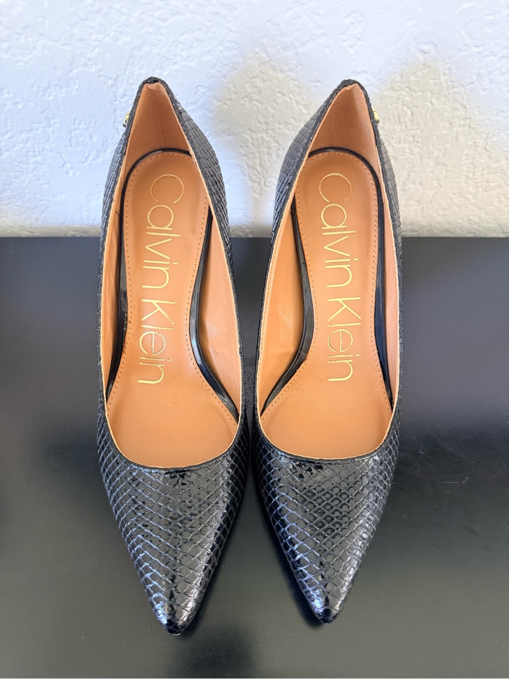 Calvin Klein Black Snake-Embossed Pointed Toe Pumps